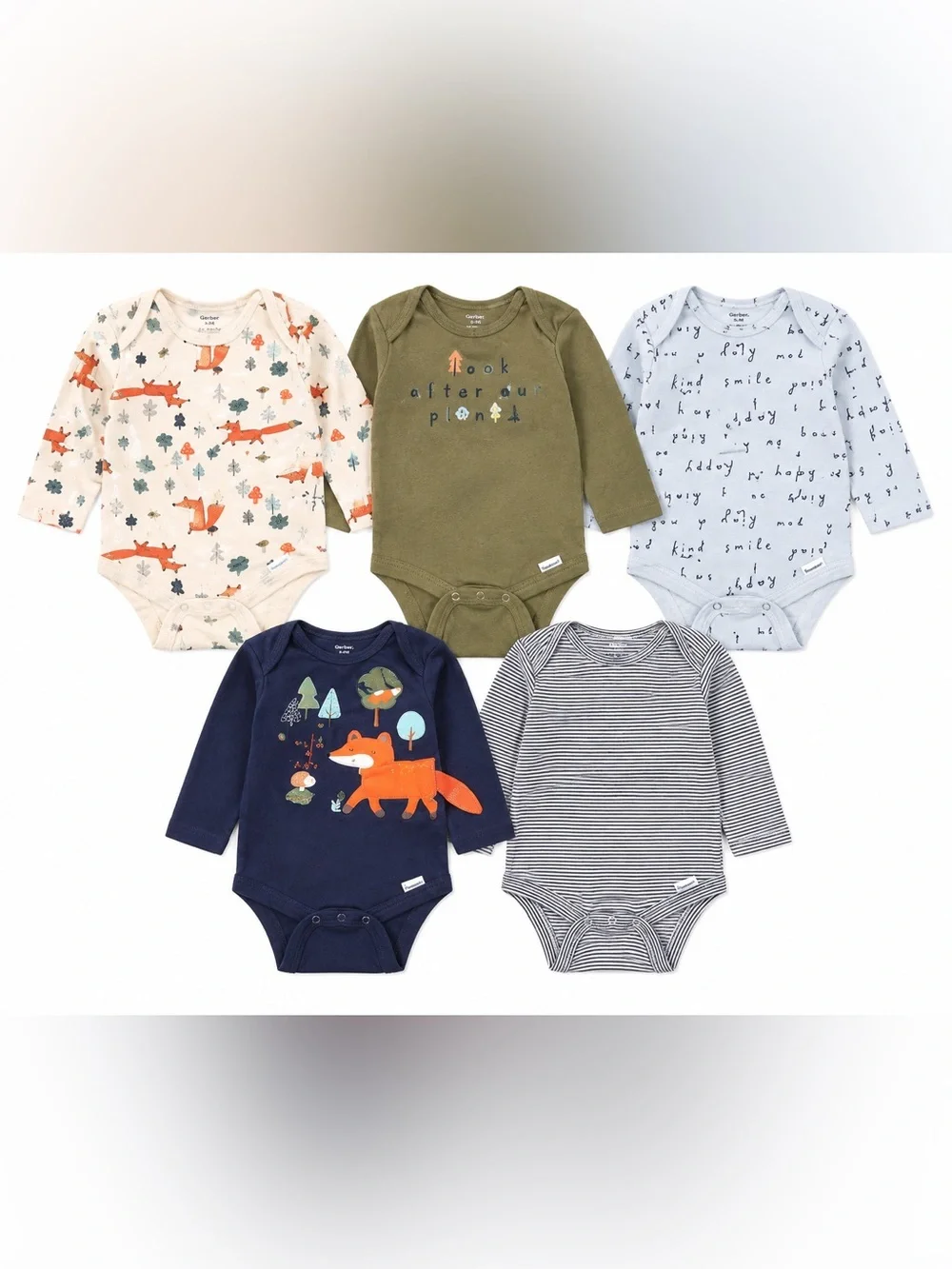 Gerber 5 Pack Baby Boy Bodysuits 6-9M Long Sleeve Fox Woodland Lot